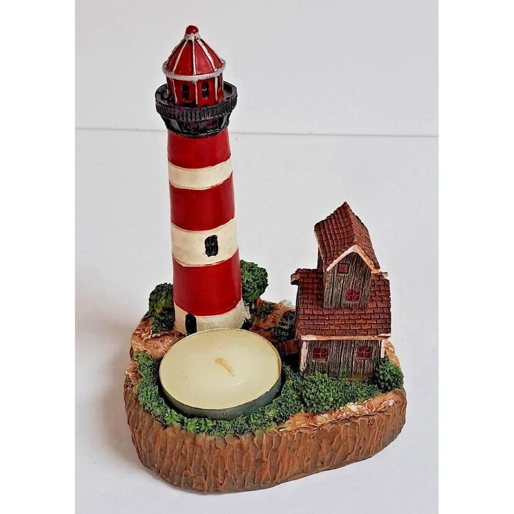 Giftco Lighthouse Cove Polyresin Candle Holder Red White Coastal Decor Tealight